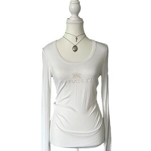 Y2K “Parasuco” White Logo Graphic Sheer Long Sleeve Top